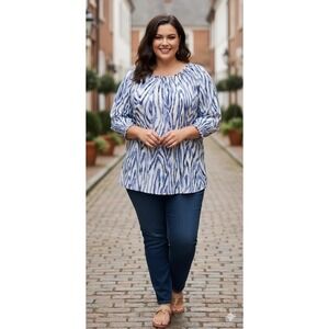 Chico's Ikat Watercolor Boho Smocking Feminine Blouse 3/4 Sleeves Womens Large